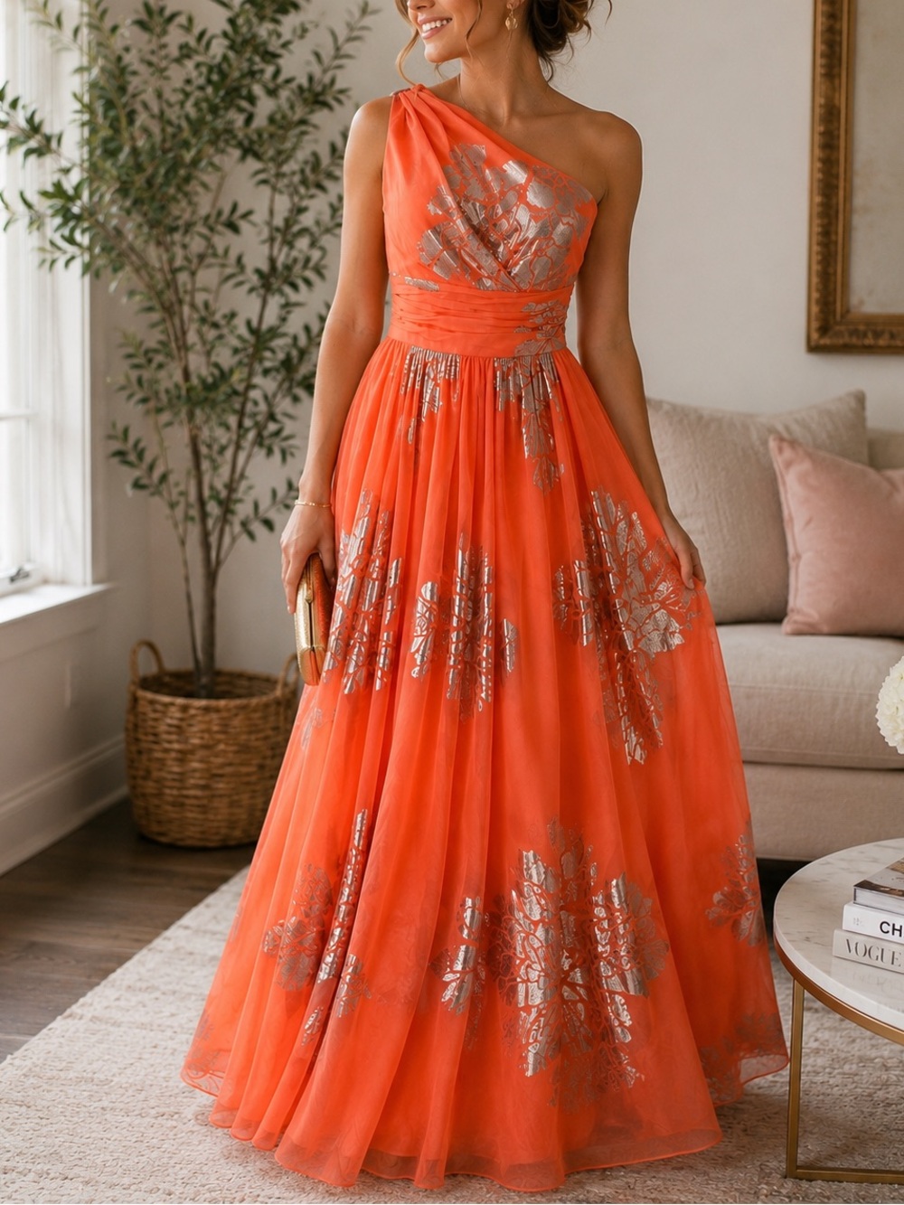 Eliza J One Shoulder Coral Metallic Floral Maxi Gown Dress Size 6